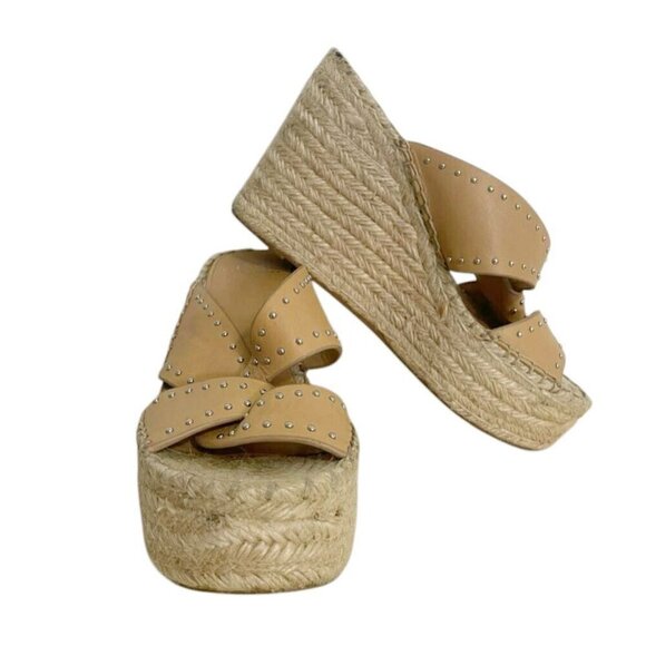 Marc Fisher Size 7 Wedge Espadrille Studded Beige Camel - Picture 1 of 11